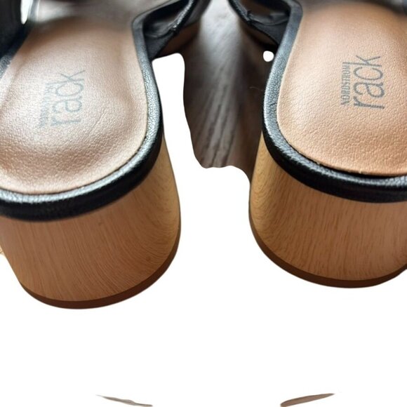 Nordstrom Rack Black Leather Crisscross Open-Toe Slip-On Sandals With Wooden Blo - Picture 3 of 10